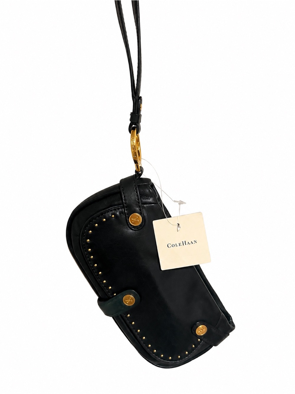 Cole Haan Dark Green Leather Wristlet with Gold Stud Detailing
